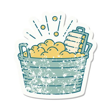 Dövme stili eski bir çıkartma eski bir çamaşır tahtası ve fırçalama kabı. 