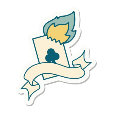 Yanan bir kartın pankartına sahip dövme stili çıkartması