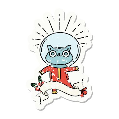 Astronot kıyafetli dövme stili bir kedinin eski çıkartması.