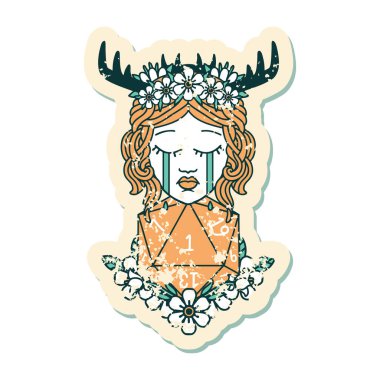 Ağlayan bir insan Druid 'in grunge çıkartması. Doğal bir d20 rulo.