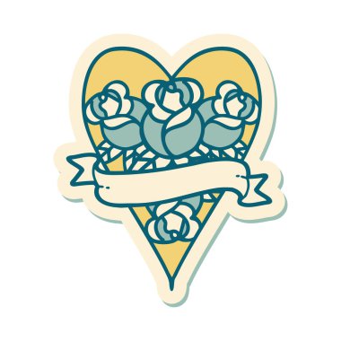 Geleneksel kalp stili dövme çıkartması ve çiçekli pankart.