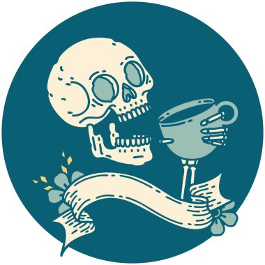 Kahve içen kafatası pankartıyla dövme simgesi