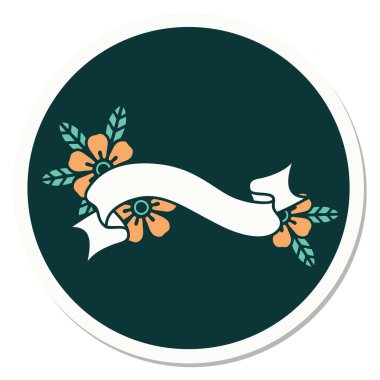 Dövme çıkartması geleneksel bir bayrak ve çiçek stili.