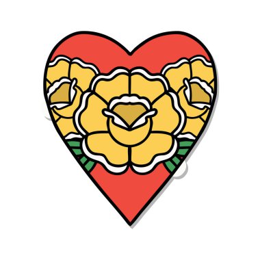 Geleneksel kalp ve çiçek stiliyle dövme çıkartması.