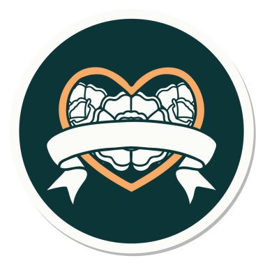 Geleneksel kalp stili dövme çıkartması ve çiçekli pankart.