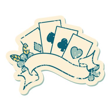 Kartların ve çiçeklerle pankartın sembolik dövmeli görüntüsü