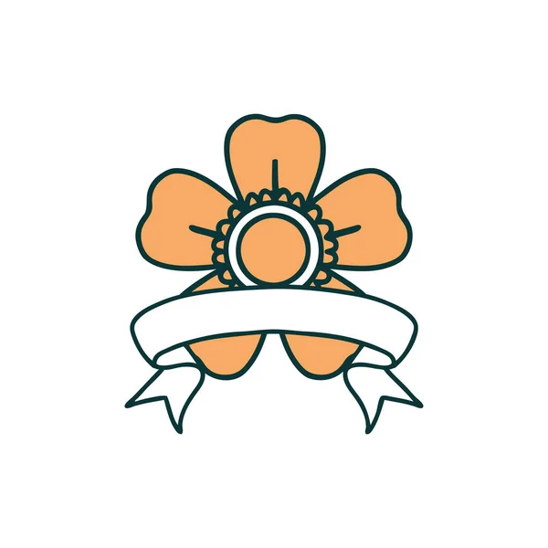 Traditionelle Tätowierung Mit Banner Einer Blume — Stockvektor