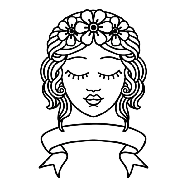 Традиционная Черная Линия Татуировки Баннером Женского Лица Закрытыми Глазами — стоковый вектор