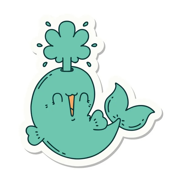Sticker Tattoo Style Happy Squirting Whale Character — Stock Vector