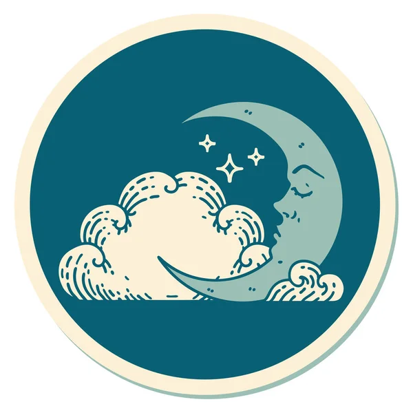 Sticker Van Tatoeage Traditionele Stijl Van Een Halve Maan Wolken — Stockvector