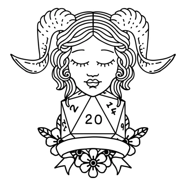 Blanco Negro Tatuaje Linework Estilo Tiefling Con Veinte Dados Naturales — Vector de stock