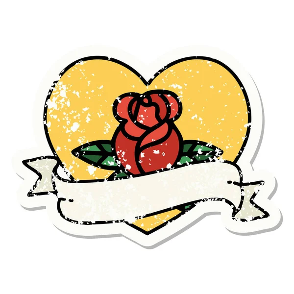 Стресова Наклейка Татуювання Традиційному Стилі Серцевої Троянди Банера — стоковий вектор