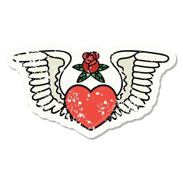 Distressed Sticker Tattoo Traditional Style Heart Wings — Stock Vector