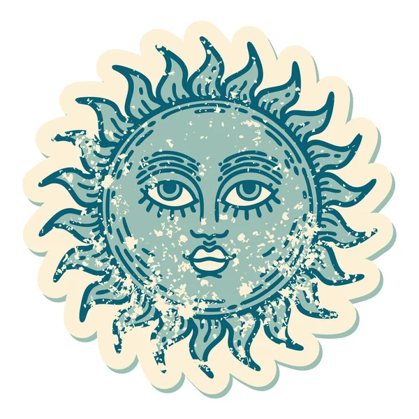 Iconic Distressed Sticker Tattoo Style Image Sun Face — Stock Vector