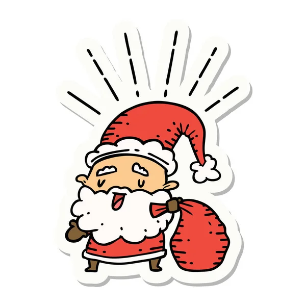 Autocollant Style Tatouage Santa Claus Personnage Noël Avec Sac — Image vectorielle