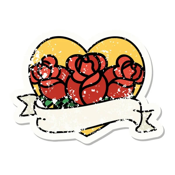 Tatuagem Adesiva Angustiada Estilo Tradicional Coração Banner Com Flores —  Vetores de Stock