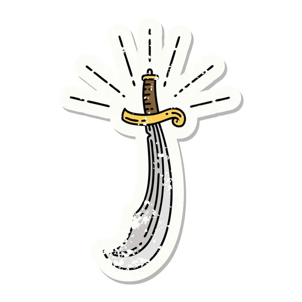 Worn Old Sticker Tattoo Style Scimitar Sword — Stock Vector