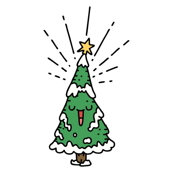 Ilustração Estilo Tatuagem Tradicional Árvore Natal Feliz — Vetor de Stock