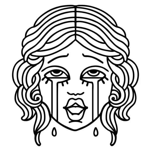 Tatouage Dans Style Ligne Noire Visage Féminin Pleurer Très Heureux — Image vectorielle