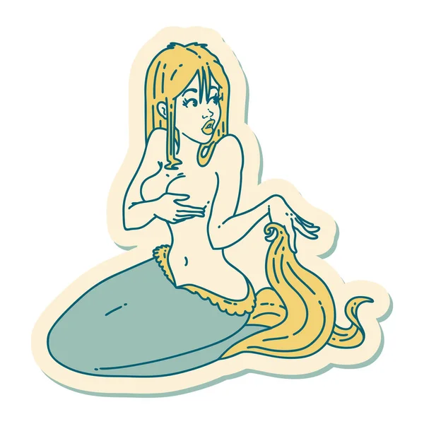 Pegatina Del Tatuaje Estilo Tradicional Una Sirena — Vector de stock