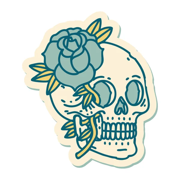 Наклейка Татуювання Традиційному Стилі Черепа Троянди — стоковий вектор