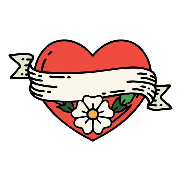 Tatuaje Estilo Tradicional Corazón Bandera Con Flores — Vector de stock