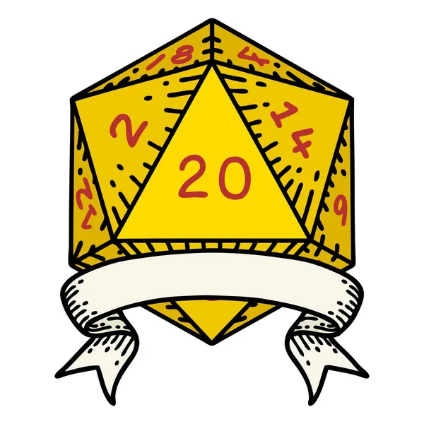 Retro Tattoo Stil Natur Kritischen Hit D20 Würfelrollen — Stockvektor