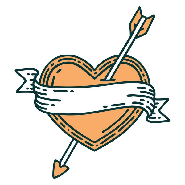 Знаковий Стиль Татуювання Зображення Серця Банера Стрілою — стоковий вектор
