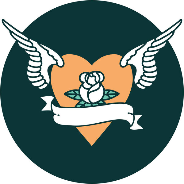 знаковый образ сердца в стиле татуировки с крыльями роза и баннер
