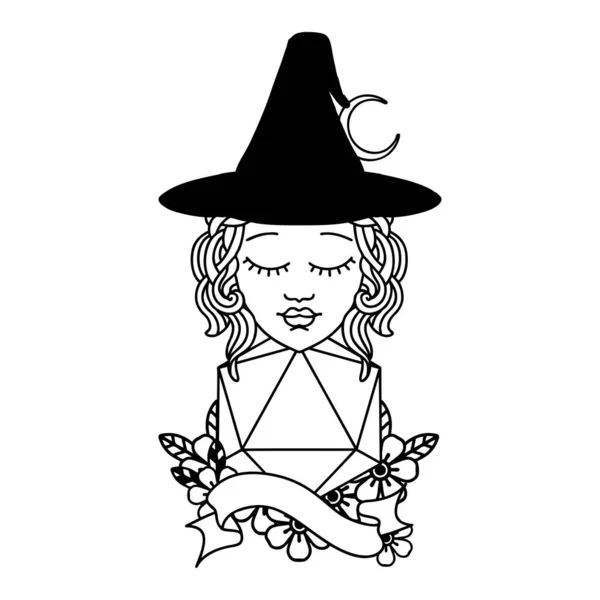 Tatouage Noir Blanc Linework Style Mage Humain Avec Rouleau Vingt — Image vectorielle