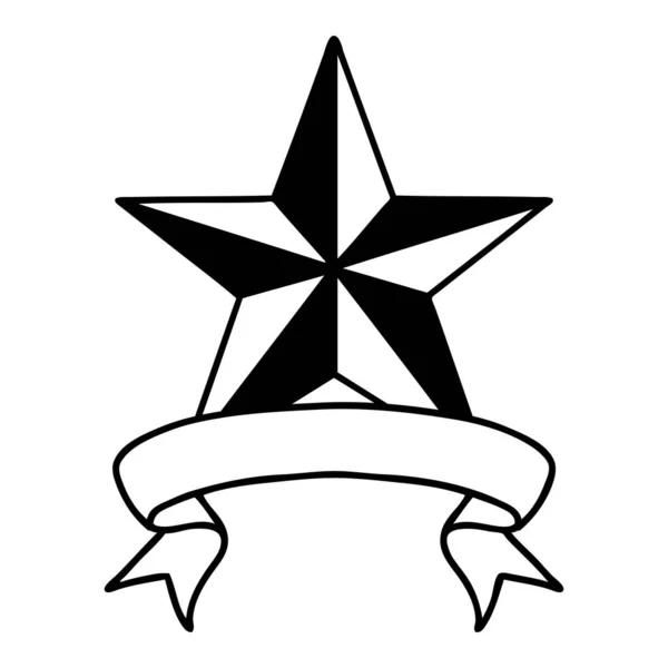 Tradiční Černé Liniové Tetování Praporem Hvězdy — Stockový vektor