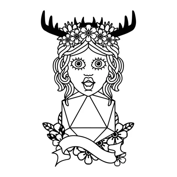 Black White Tattoo Linework Style Human Druid Natural Twenty Dice - Stok Vektor