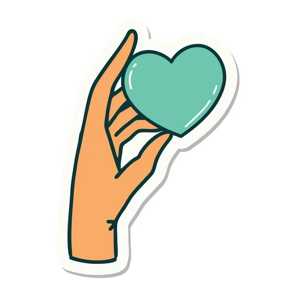 Sticker Tattoo Traditional Style Hand Holding Heart — Stock Vector