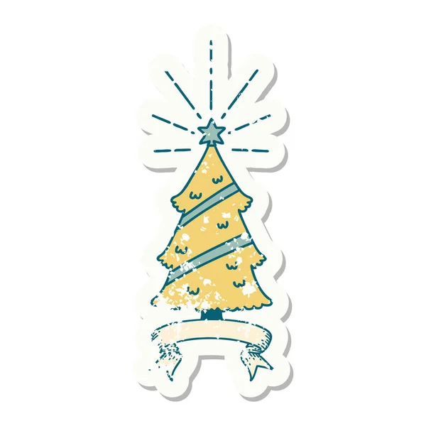 Worn Old Sticker Tattoo Style Christmas Tree Star — Stock Vector