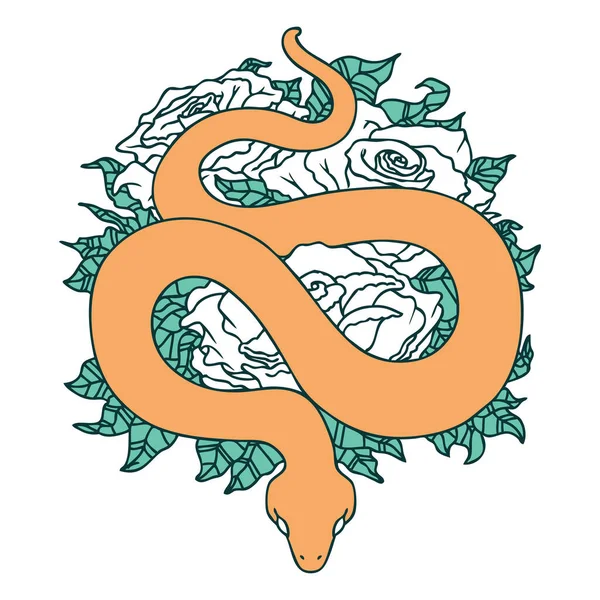 Знаковий Стиль Татуювання Зображення Змії Троянд — стоковий вектор