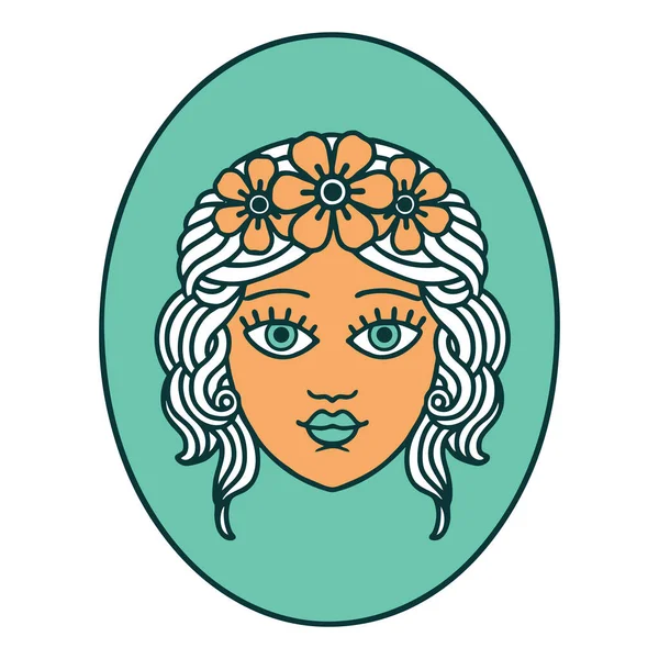 Ikonikus Tetoválás Stílus Kép Egy Hajadon Koronával Virágok — Stock Vector