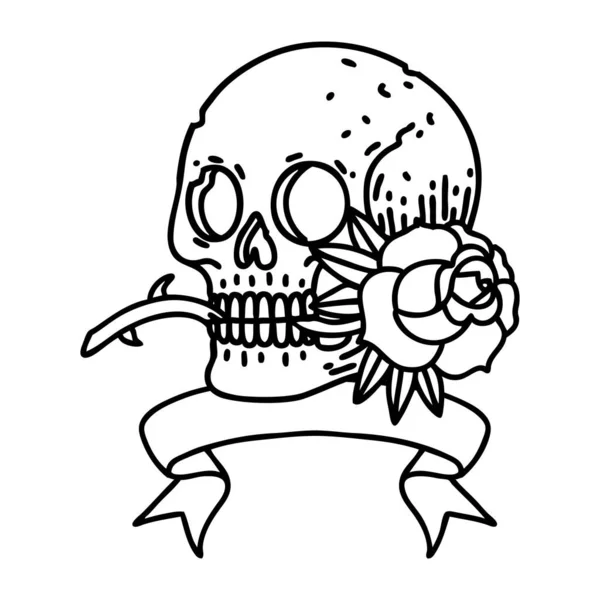 Traditional Black Linework Tattoo Banner Skull Rose — Stock Vector