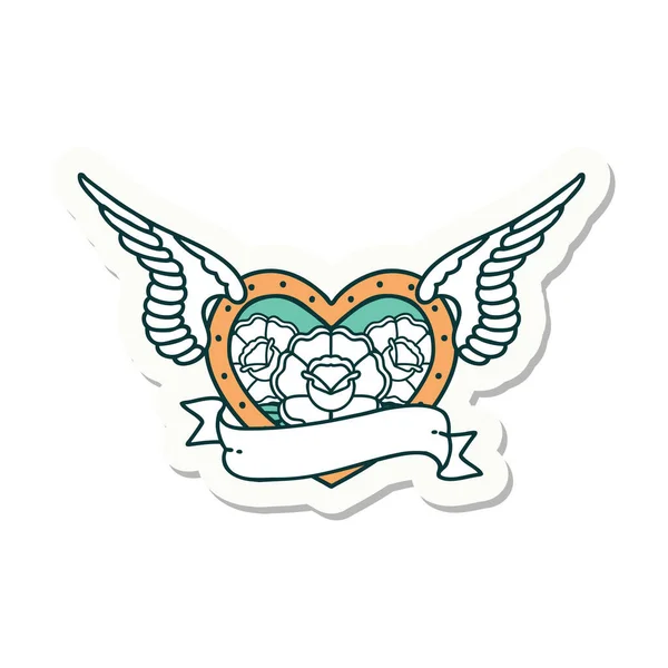 Наклейка Татуировки Традиционном Стиле Летающего Сердца Цветами Баннером — стоковый вектор