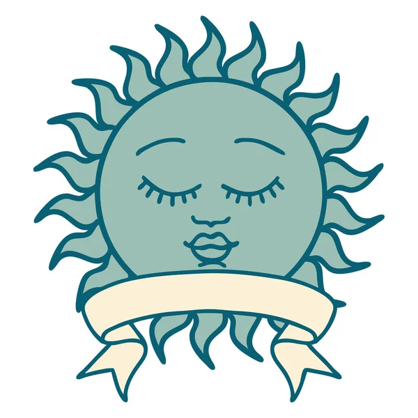 Tatouage Traditionnel Avec Bannière Soleil Avec Visage — Image vectorielle