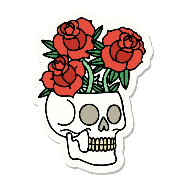Наклейка Татуювання Традиційному Стилі Черепа Троянд — стоковий вектор