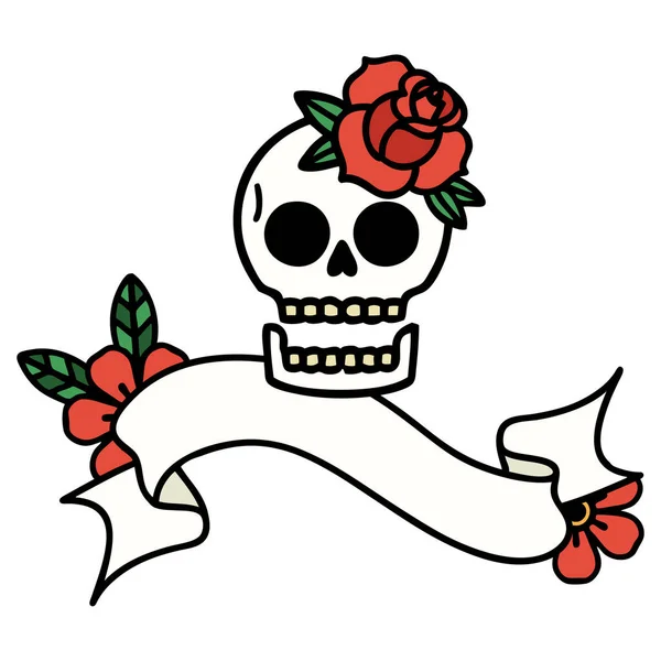 Traditional Tattoo Banner Skull Rose — Stock Vector