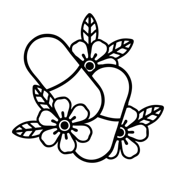 Tatuaż Czarnej Linii Stylu Pigułki Kwiaty — Wektor stockowy