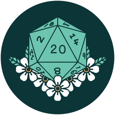 Doğal 20 D20 zarının ikonu çiçek elementleriyle yuvarlanıyor