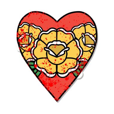 Geleneksel kalp ve çiçek stili dövmeli sıkıntılı etiket