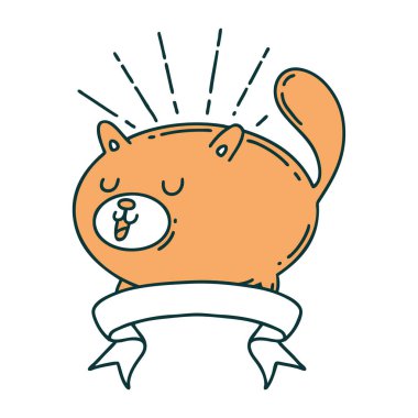 Dövme stili mutlu kedili parşömen.