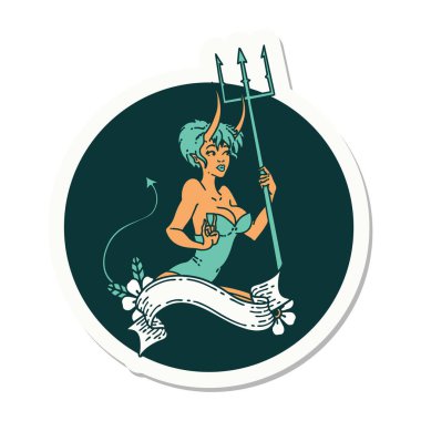 Geleneksel stil dövmeli afişi olan şeytan kız dövmesi.