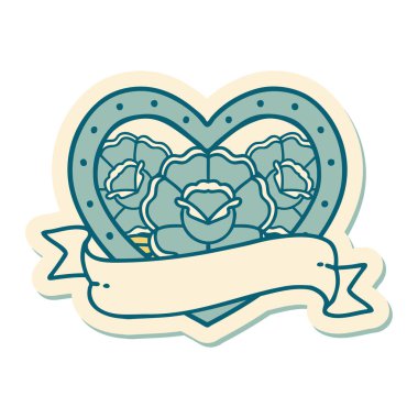 Geleneksel kalp stili dövme çıkartması ve çiçekli pankart.