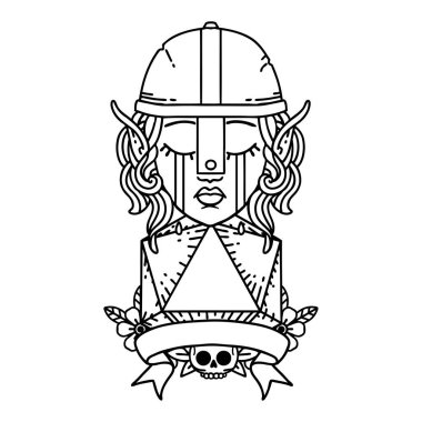 Siyah ve Beyaz Dövme Stili Ağlayan Elf Savaşçısı karakteri yüzü ve doğal bir D20 rulo