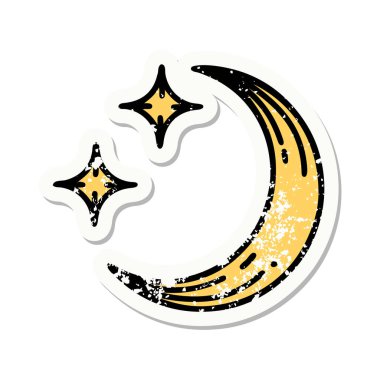Geleneksel ay ve yıldız stili dövmeli sıkıntılı etiket