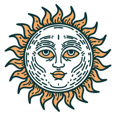 ikonik dövme stili yüzü olan bir güneşin görüntüsü